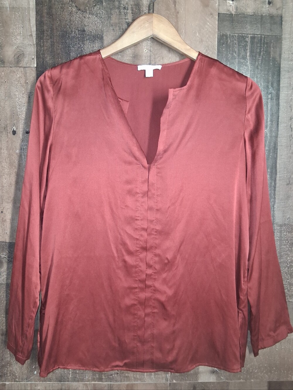 COS 100% Silk Blouse Top Size 6 Long Sleeve Rust Panel Design